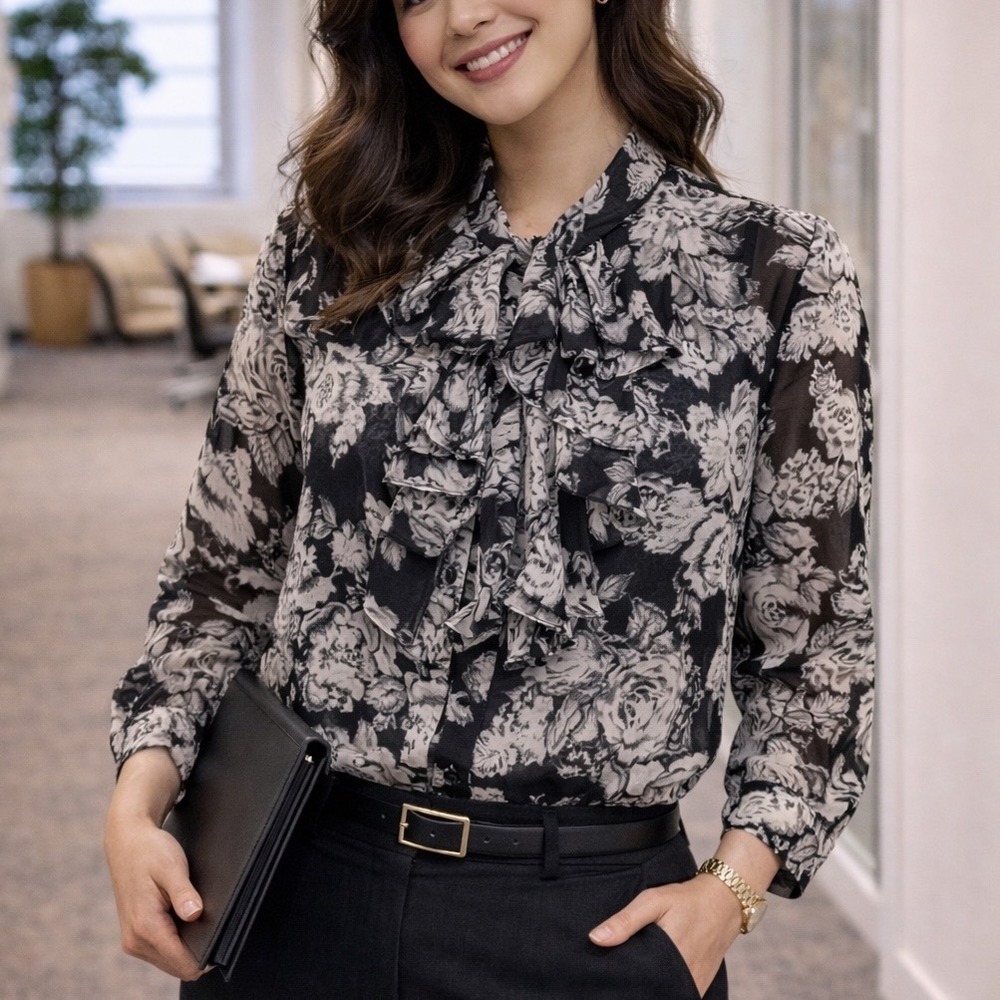 Cabi Womens Blouse Black‎ White Floral Small Ruffle Sheer Career Office Feminine